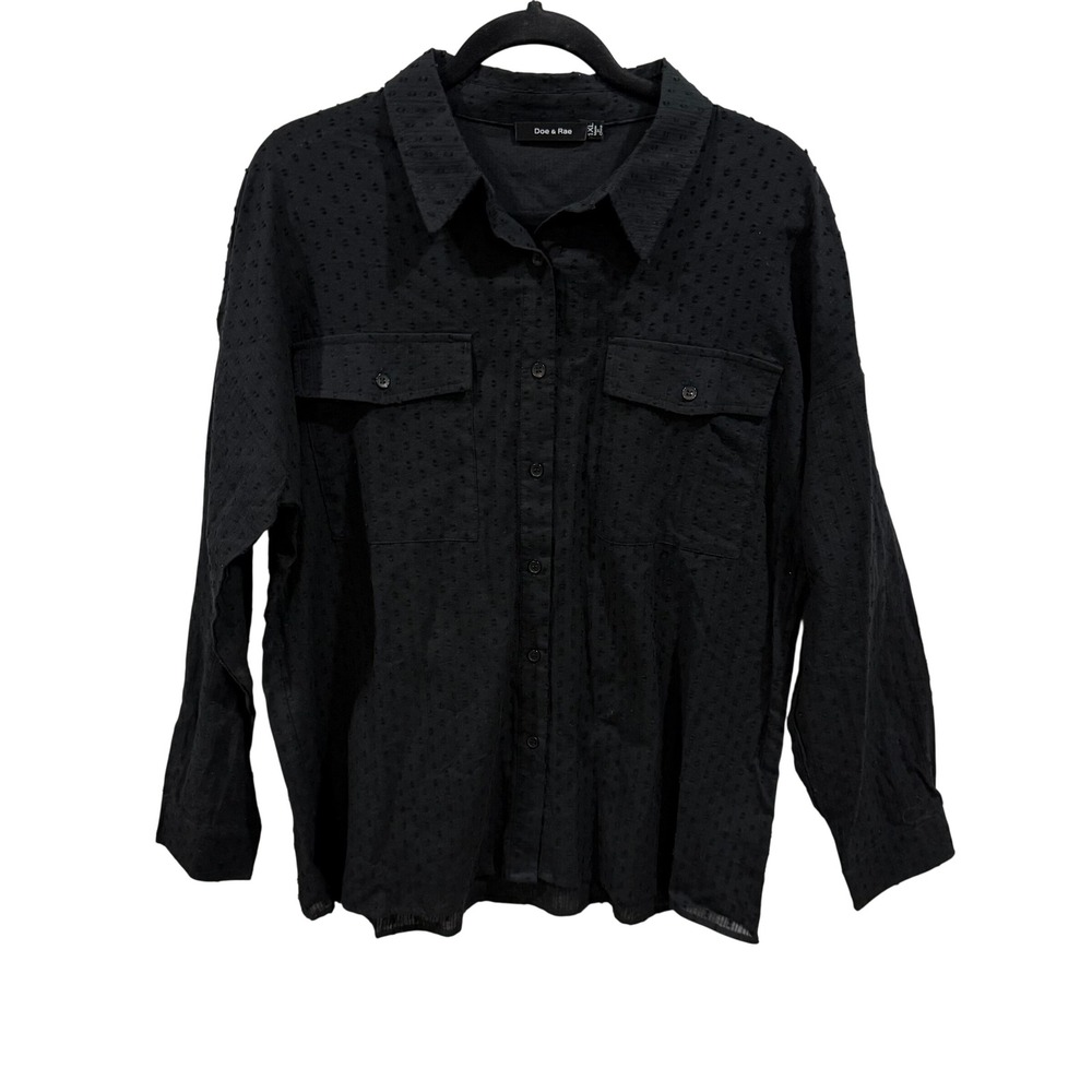 Doe & Rae Black Clip Dot Button Down Shirt 1XL Long Sleeve Cotton Utility Top